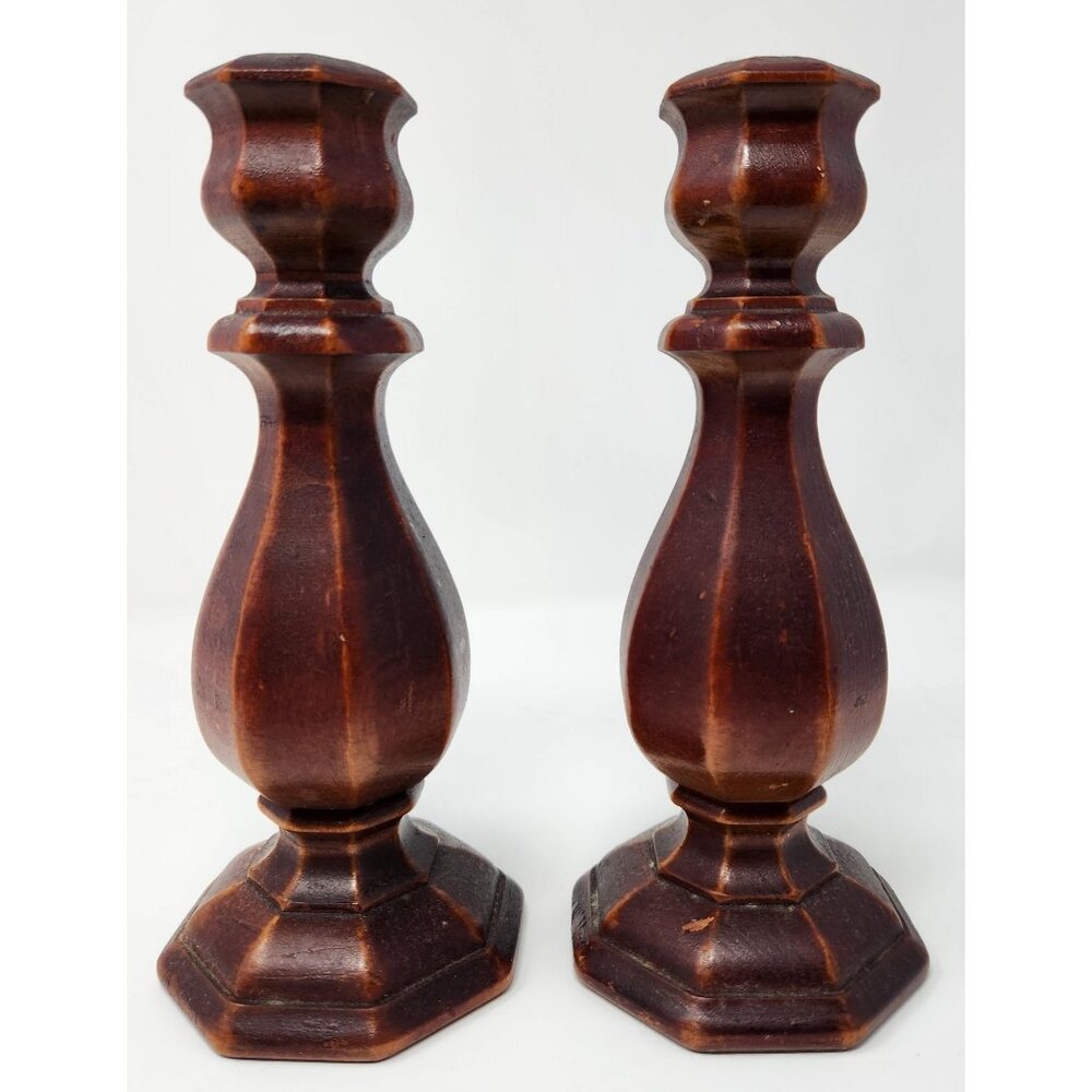 Vintage Hand Carved Wood Taper Candle Holder Candlestick Pair 8" Tall Natural